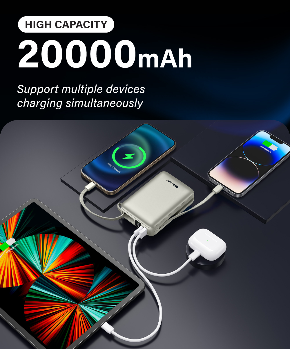 Diginut P-52 Nano Plus 20000mAh PD20W+22.5W Mini Powerbank With Wire Grey Titanium