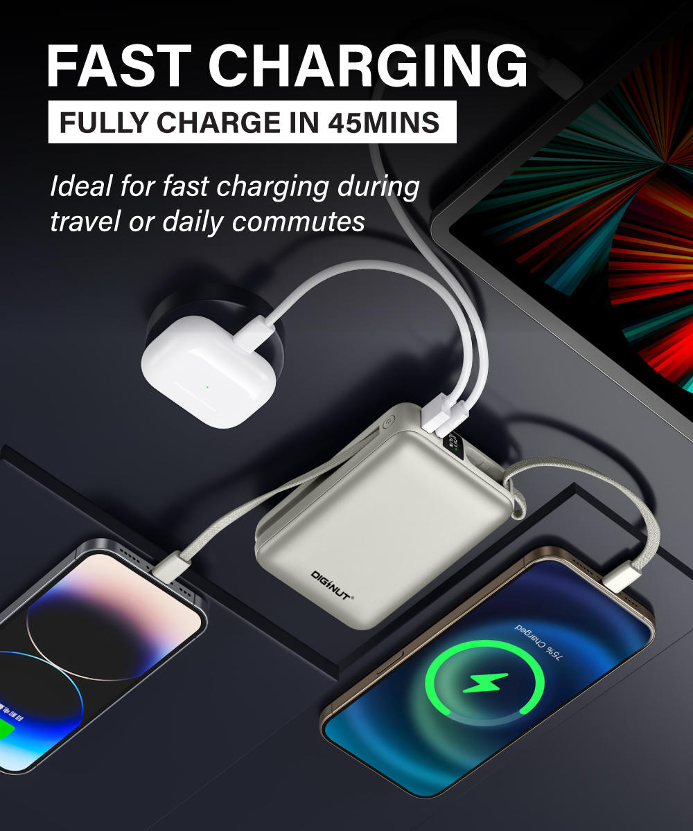 Diginut P-52 Nano Plus 20000mAh PD20W+22.5W Mini Powerbank With Wire Grey Titanium