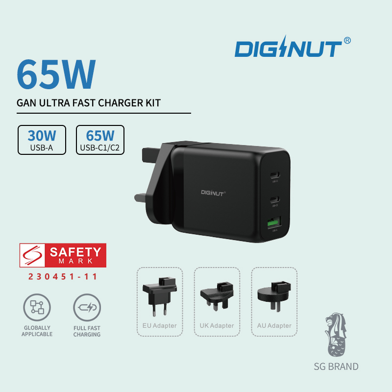 Diginut PD-060PTY 65W GaN Power Plug/ 3-port Designs/ EU/UK/US Adaptor/ GaN Tech Fast Charging