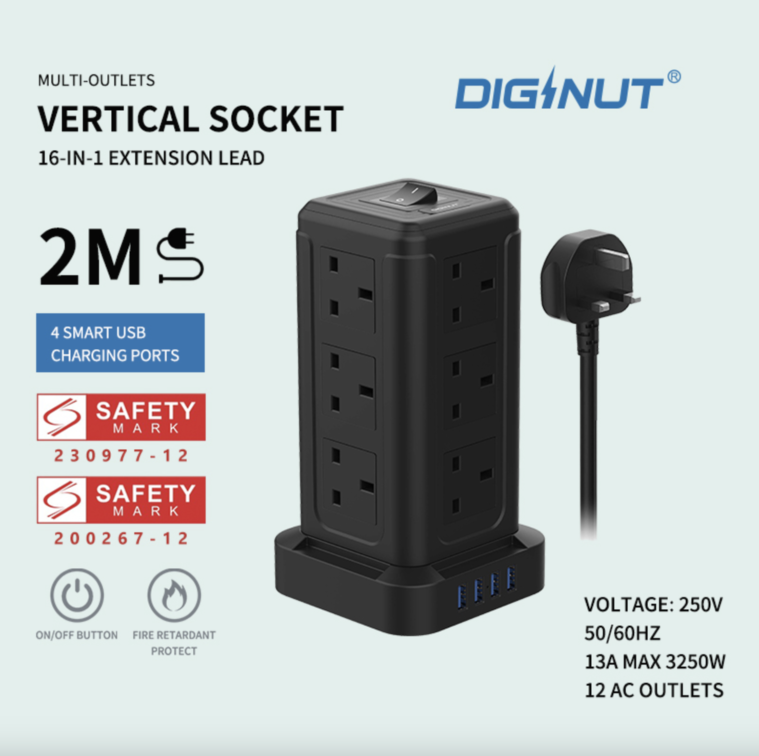 Diginut TP-VF4U12K 16IN1 Vertical Power Socket/ Save More Space/ Safety Mark Approved/ 2 Metres Cables