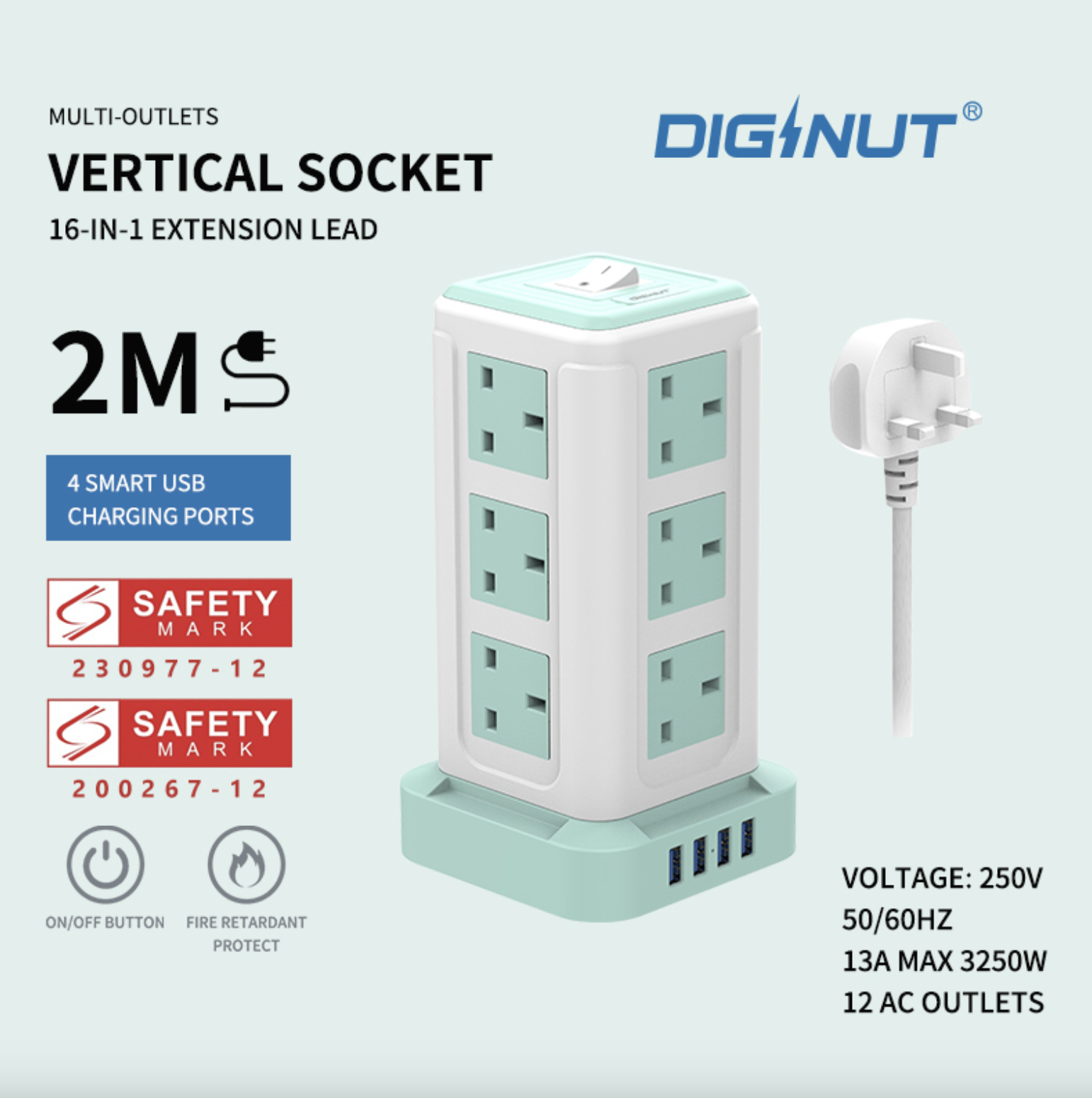 Diginut TP-VF4U12K 16IN1 Vertical Power Socket/ Save More Space/ Safety Mark Approved/ 2 Metres Cables