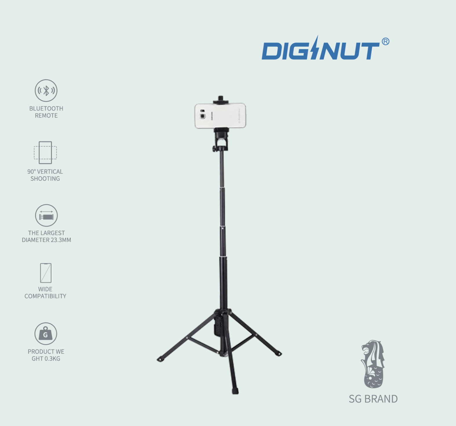 Diginut-SD-118 2IN1 Portable Selfie Monopod&Tripod Stick/Bluetooth Remote Controller/Phone&Camera/52mm-102mm