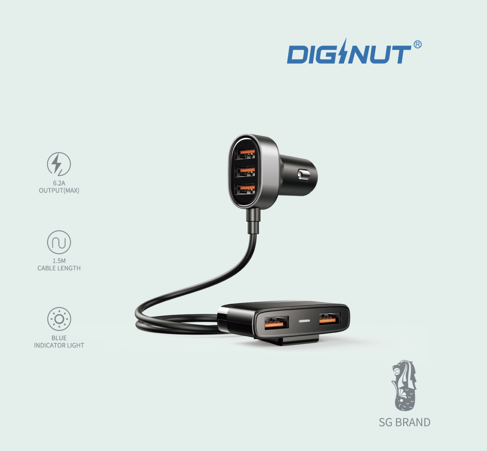 Diginut - CP-15 Multi 5 Ports (3+2) USB Car Charger 6.2A Output (Max)/ Fast Charging