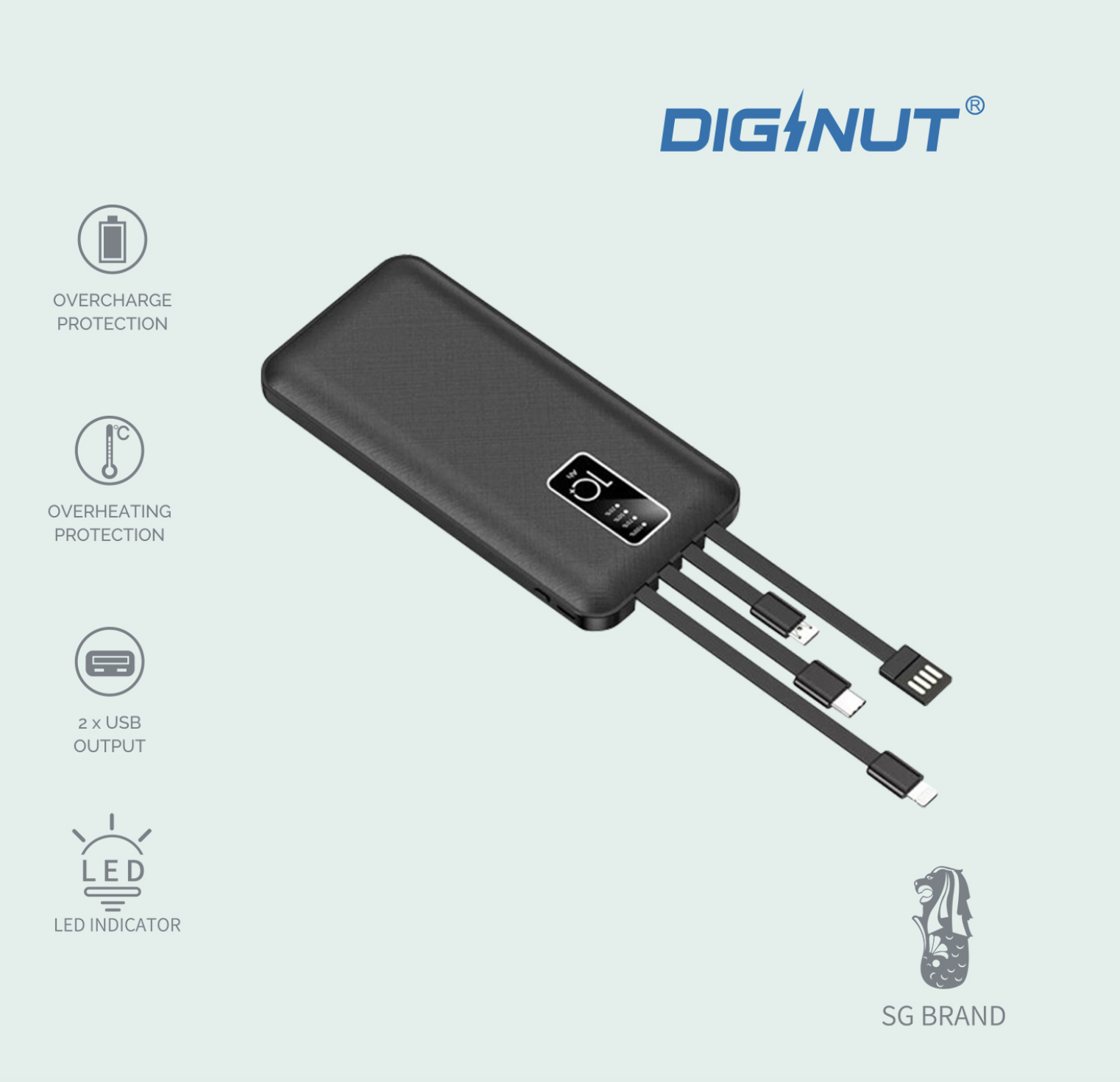 Diginut- PX07 10000mAh Built-In Cables Power bank/ iP/ Type-C/ Samsung/ Fast Charging