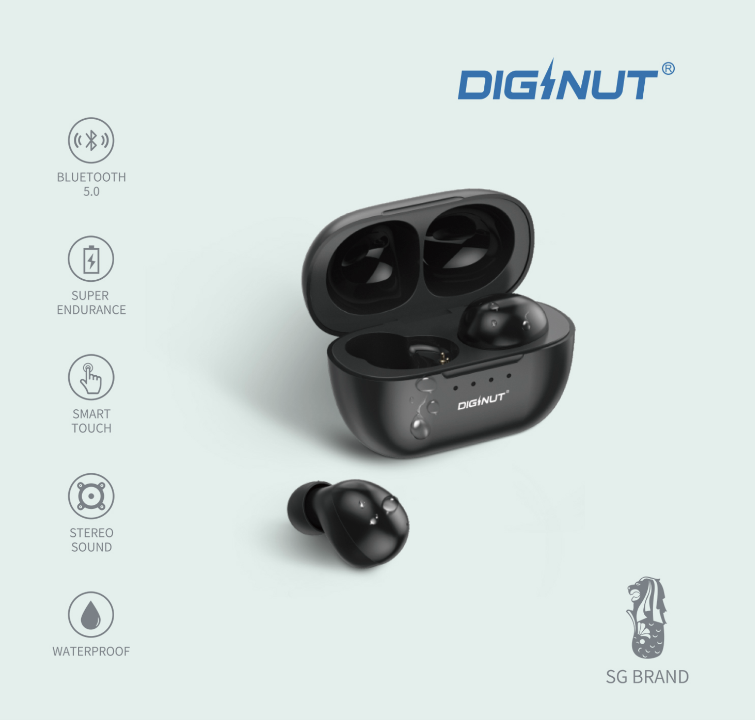 Diginut T-11 TWS Bluetooth Earphone 5.0/ Smart Touch Sport Headset/ IPX7 Waterproof