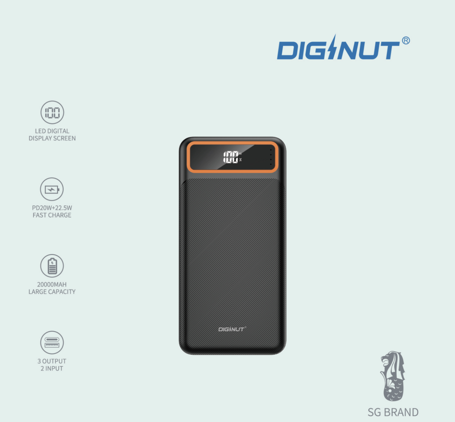 Diginut P-40 20000mAh PD20W+22.5W Powerbank/ PD 20W + Type-C 22.5W/ LED Power Display/ Large Capacity