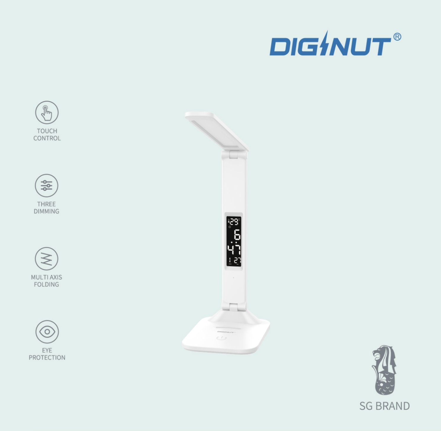 Diginut LT-20 Desk Lamp/ Eye Protection/ Multi Axis Folding/ LED Display Screen/ 3 Lighting Modes