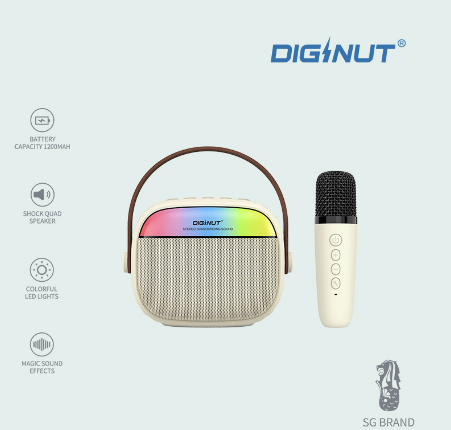 Diginut DK-210 Mini Karaoke Bluetooth Speaker Beige White/ Colorful LED Lights/ Cancel Original Sound/Karaoke