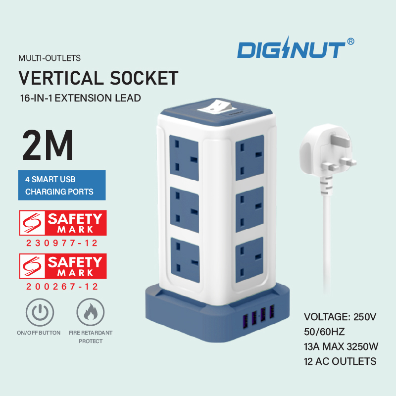 Diginut TP-VF4U12K 16IN1 Vertical Power Socket/ Save More Space/ Safety Mark Approved/ 2 Metres Cables