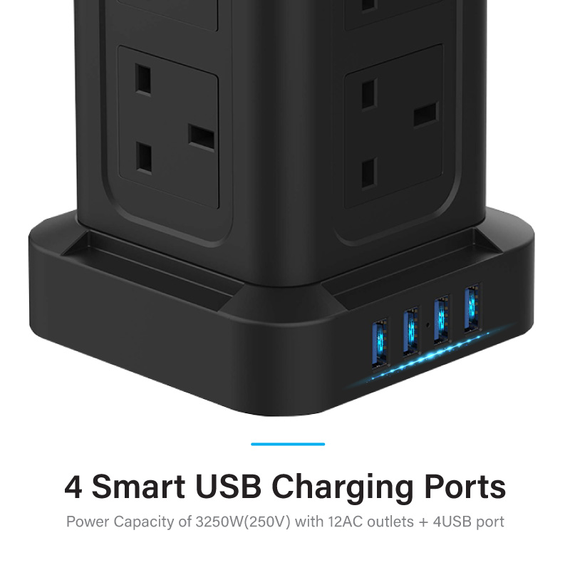 Diginut TP-VF4U12K 16IN1 Vertical Power Socket/ Save More Space/ Safety Mark Approved/ 2 Metres Cables