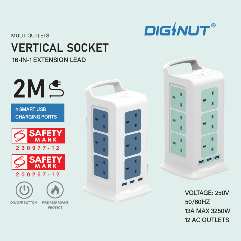 SG The FIRST SAFETY MARK Tower Extension Socke Diginut TP-VF3U12K 15IN1 Vertical Power Socket/Safety Mark Approval