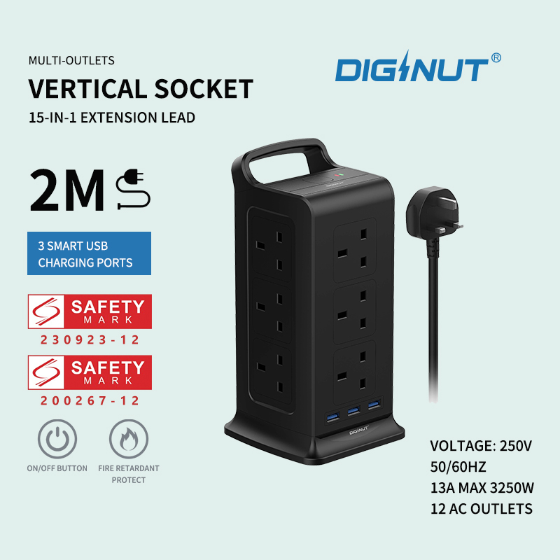 SG The FIRST SAFETY MARK Tower Extension Socke Diginut TP-VF3U12K 15IN1 Vertical Power Socket/Safety Mark Approval