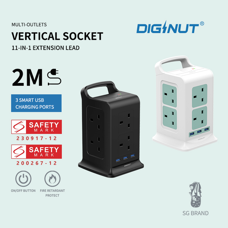 SG The FIRST SAFETY MARK Tower Extension Socke Diginut TP-VK3U8K 11IN1 Vertical Power Socket/Save More Space safety mark Approved