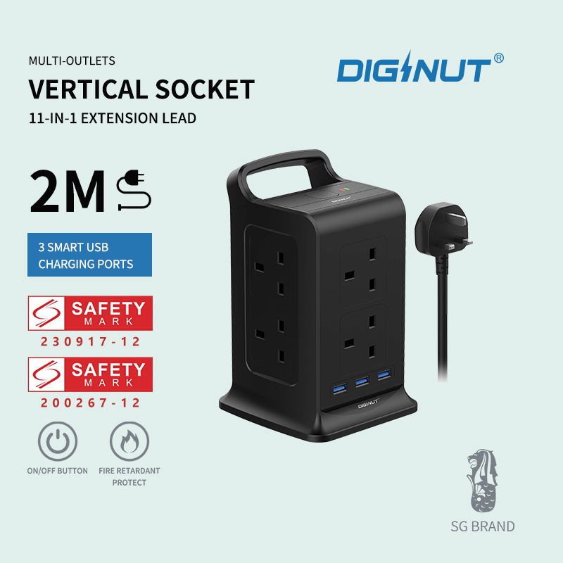 SG The FIRST SAFETY MARK Tower Extension Socke Diginut TP-VK3U8K 11IN1 Vertical Power Socket/Save More Space safety mark Approved