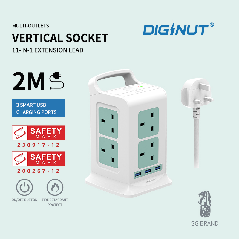 SG The FIRST SAFETY MARK Tower Extension Socke Diginut TP-VK3U8K 11IN1 Vertical Power Socket/Save More Space safety mark Approved