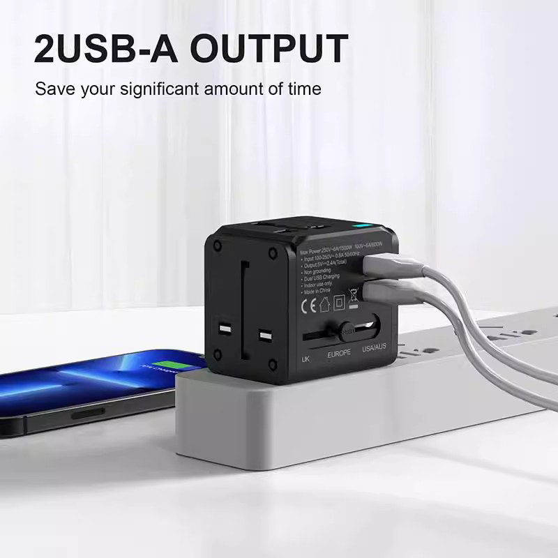 Diginut TR-05 2 USB-A 2.4A Travel Adapter Black/ Supports More Than 200 Countries