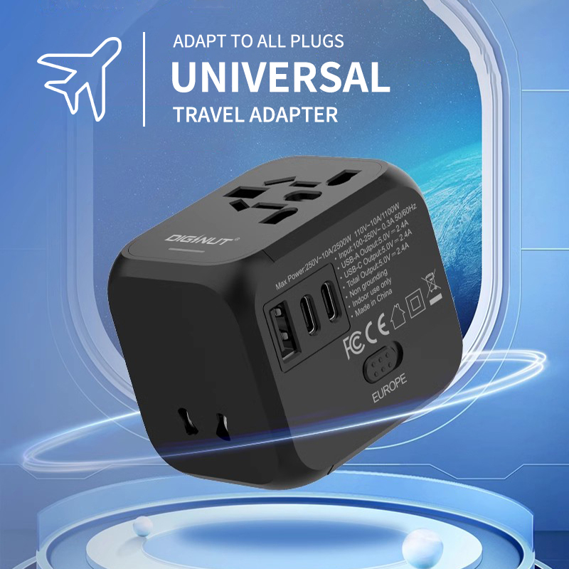 Diginut TR-06 2 USB-C + 1 USB-A 10A (MAX) Travel Adapter Black/ Supports More Than 200 Countries