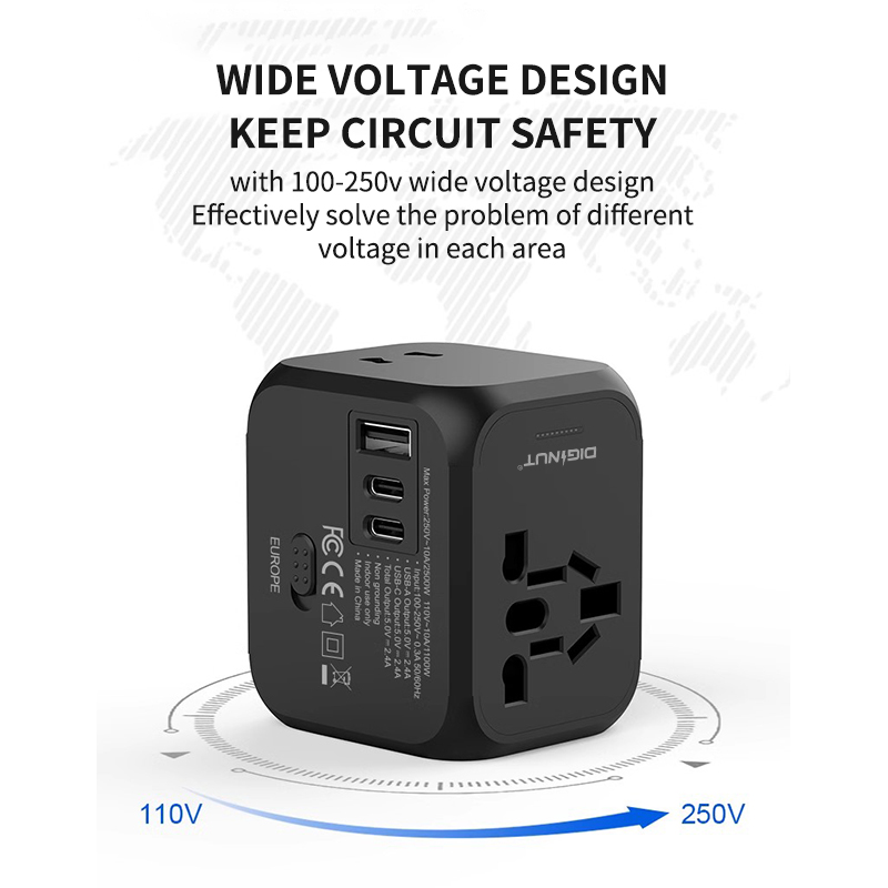 Diginut TR-06 2 USB-C + 1 USB-A 10A (MAX) Travel Adapter Black/ Supports More Than 200 Countries
