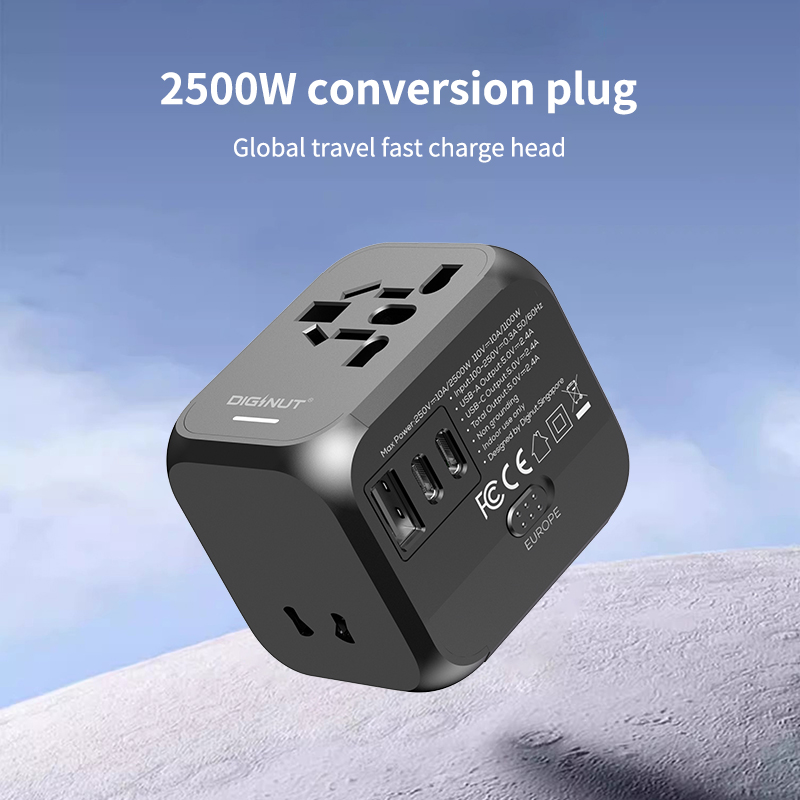 Diginut TR-06 2 USB-C + 1 USB-A 10A (MAX) Travel Adapter Black/ Supports More Than 200 Countries