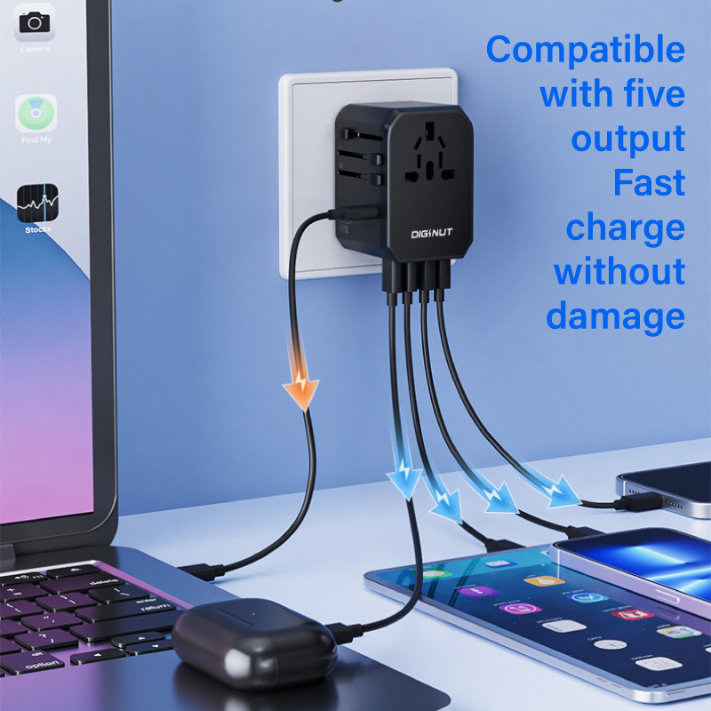 Diginut TR-10 GaN Tech 70W 2USB-A+3USB-C Travel Plug Black