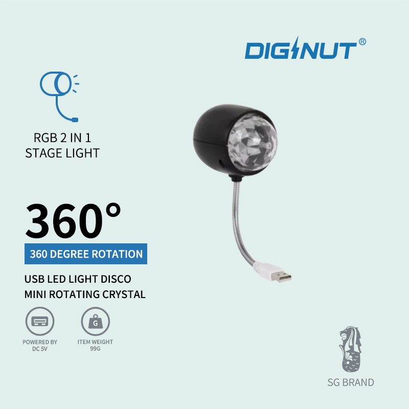 DIGINUT USB LED Light Disco/ RGB 2 in 1 Stage Light/ 7 Mini Rotating Crystal/ 360 degreee rotation