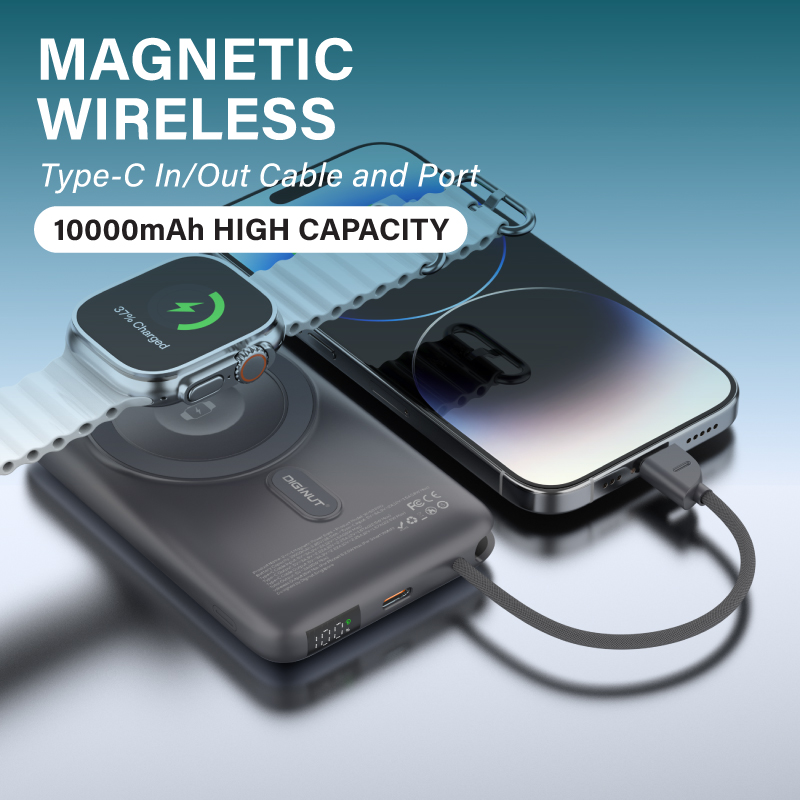 Diginut W-50 Pro 10000mAh Magnetic Wireless Power Bank With Built-in Cable Titanium Grey