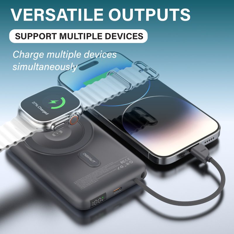 Diginut W-50 Pro 10000mAh Magnetic Wireless Power Bank With Built-in Cable Titanium Grey