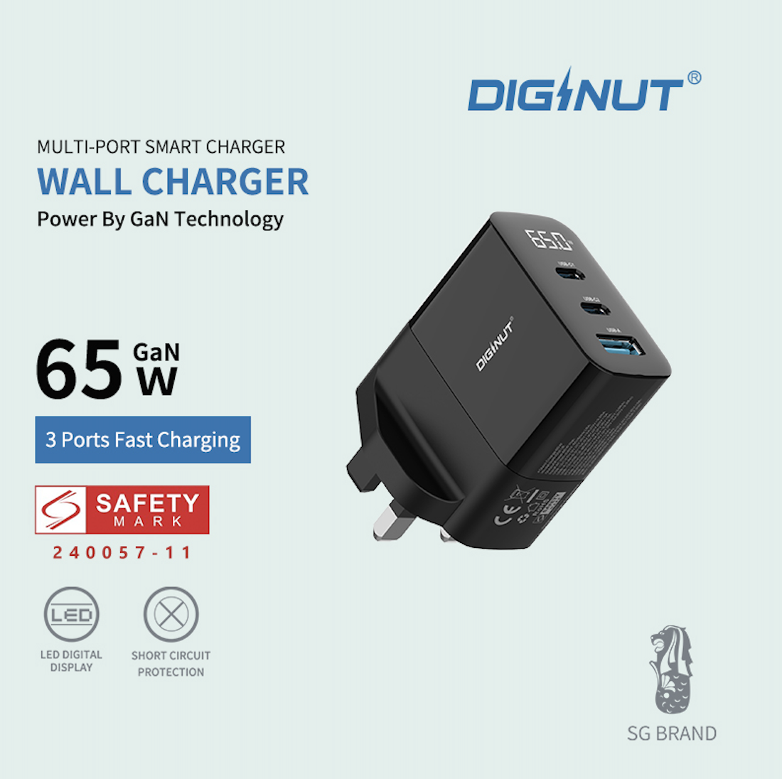 Diginut GaN-002-UK 65W GaN Power Plug Black/ LED Digital Display/ Automatic Load Distribution Safe