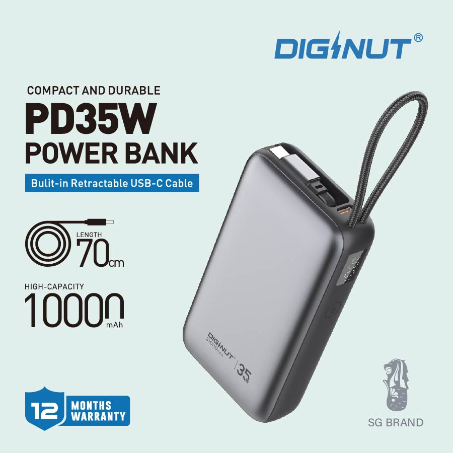 Diginut P-59 Nano 10000mAh 35WRetractable Cable Power Bank Grey