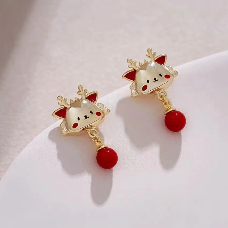 【沫緹甄選】甜美可愛龍年本命年紅色圓珠耳環新款設計感耳飾