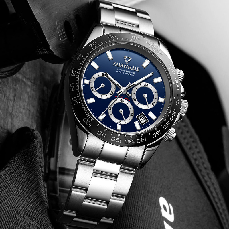 【沫緹甄選】賽車同款銀色鋼帶三眼錶盤生活防水運動商務手錶