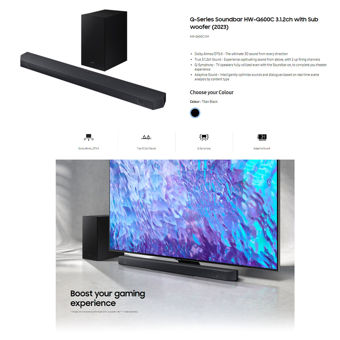SAMSUNG 34W Q-series 11.1.4ch Soundbar with Sub Woofer & Rear Speaker HW-Q600C/XM | Dolby Atmos | True 3.1.2ch Sound | Q-Symphony | Bluetooth TV Connection | Soundbar with 1 Year Warranty