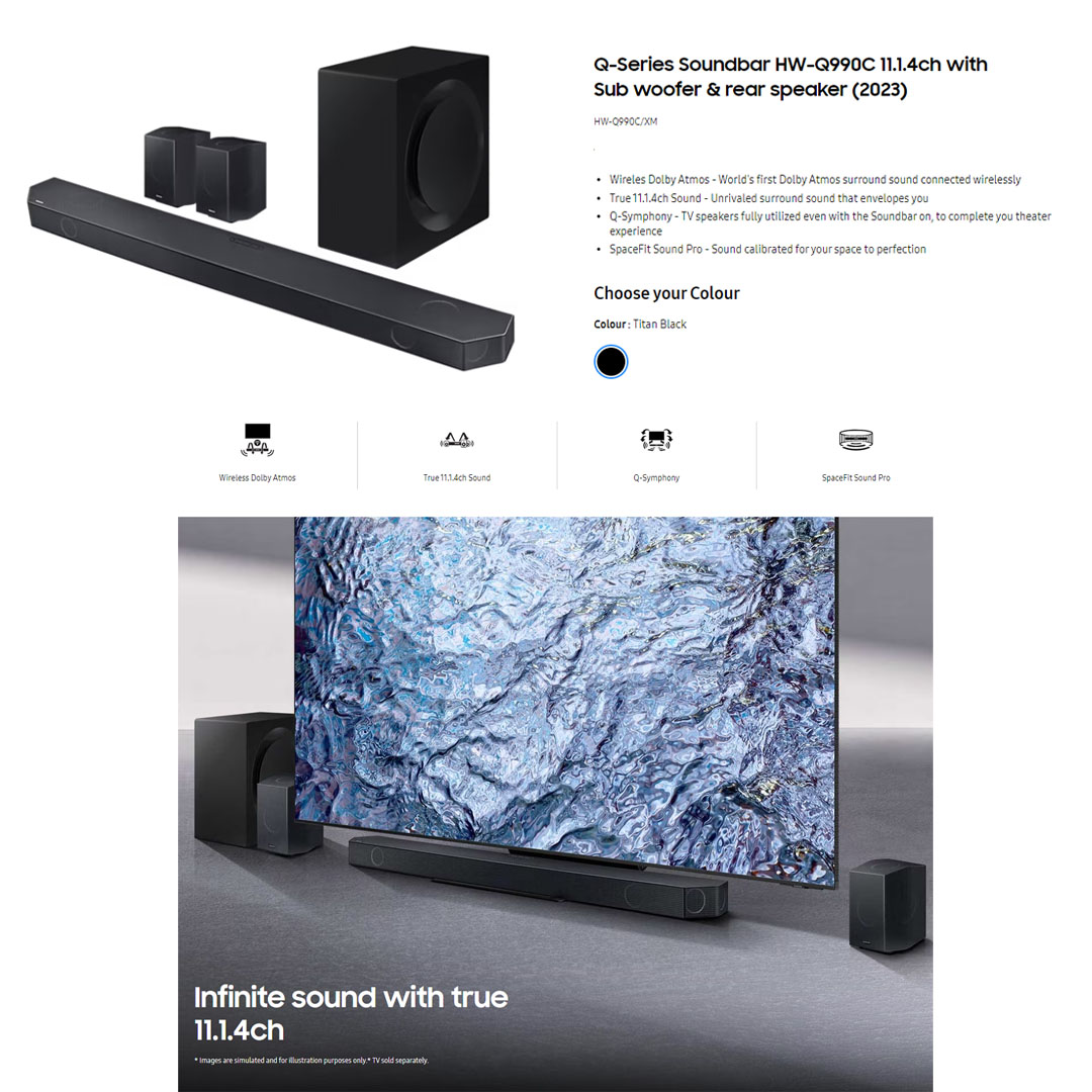 SAMSUNG 41W Q-series Soundbar with Sub Woofer & Rear Speaker HW-Q990C/XM | Wireless Dolby Atmos | True 11.1.4ch Sound | Q-Symphony | Voice assistant & Cast Services | Soundbar with 1 Year Warranty