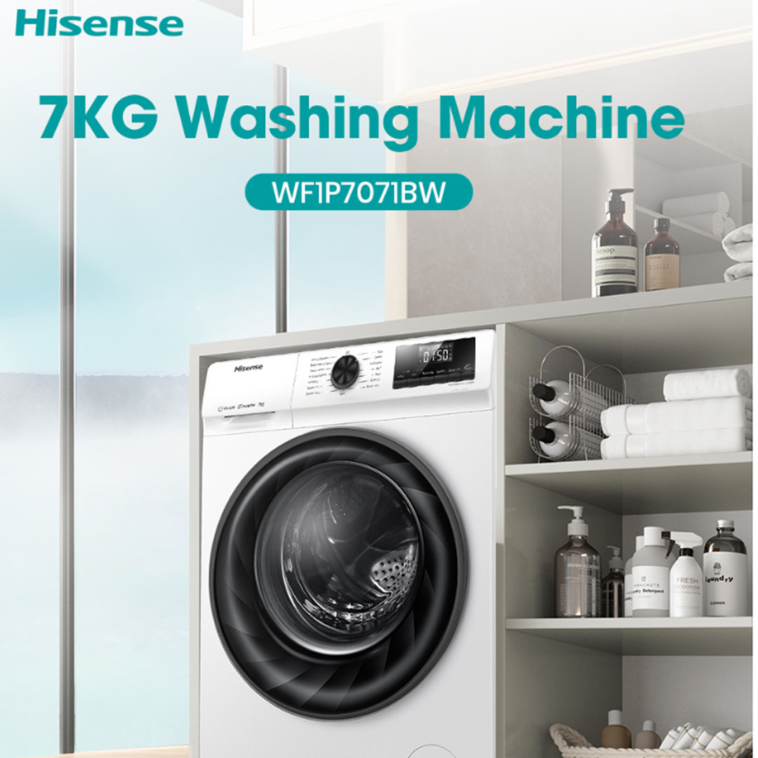 HISENSE 7KG Front Load Inverter Washing Machine WF1P7071BW | Durable Inverter | Allergy Steam | 5-Star Energy Consumption | Drum Clean | Washing Machine with 2 Years Warranty