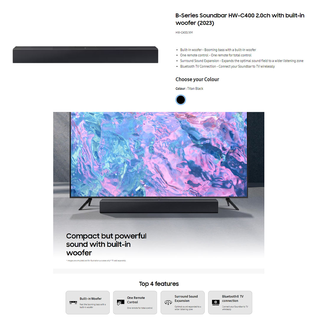 SAMSUNG 20W 2.0ch B-Series Soundbar with Built-in Woofer HW-C400/XM | Built-in Woofer |  Night Mode | Surround Sound Expansion | Bluetooth TV Connection | One Remote Control | Soundbar with 1 Year Warranty