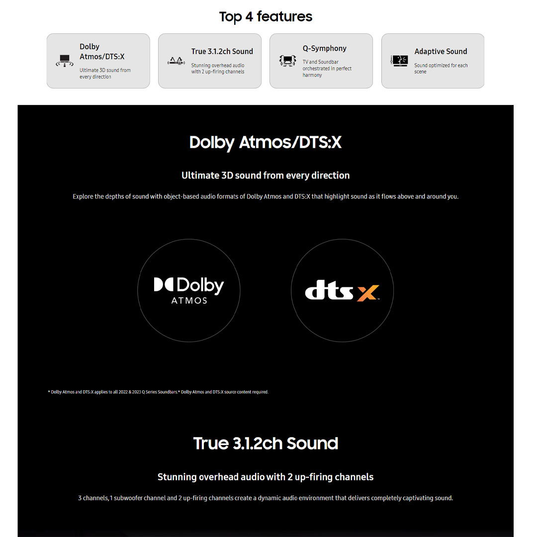 SAMSUNG 34W Q-series 11.1.4ch Soundbar with Sub Woofer & Rear Speaker HW-Q600C/XM | Dolby Atmos | True 3.1.2ch Sound | Q-Symphony | Bluetooth TV Connection | Soundbar with 1 Year Warranty