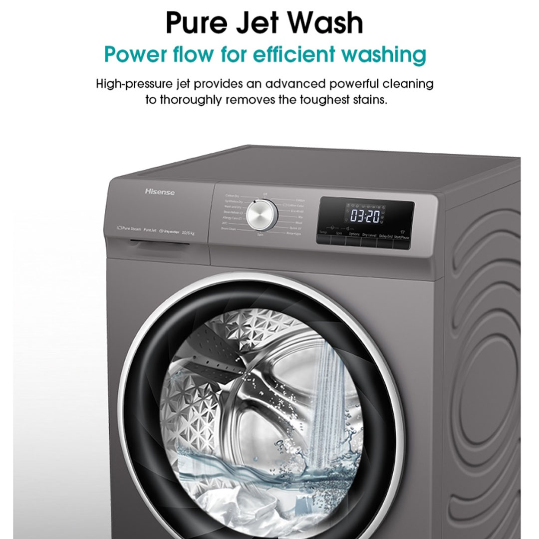 HISENSE 10.5KG Front Load Pure Jet Inverter Washing Machine WFQY1114VJMT | Durable Inverter | Allergy Steam | Drum Clean | Pause & Add | Washing Machine with 2 Years Warranty