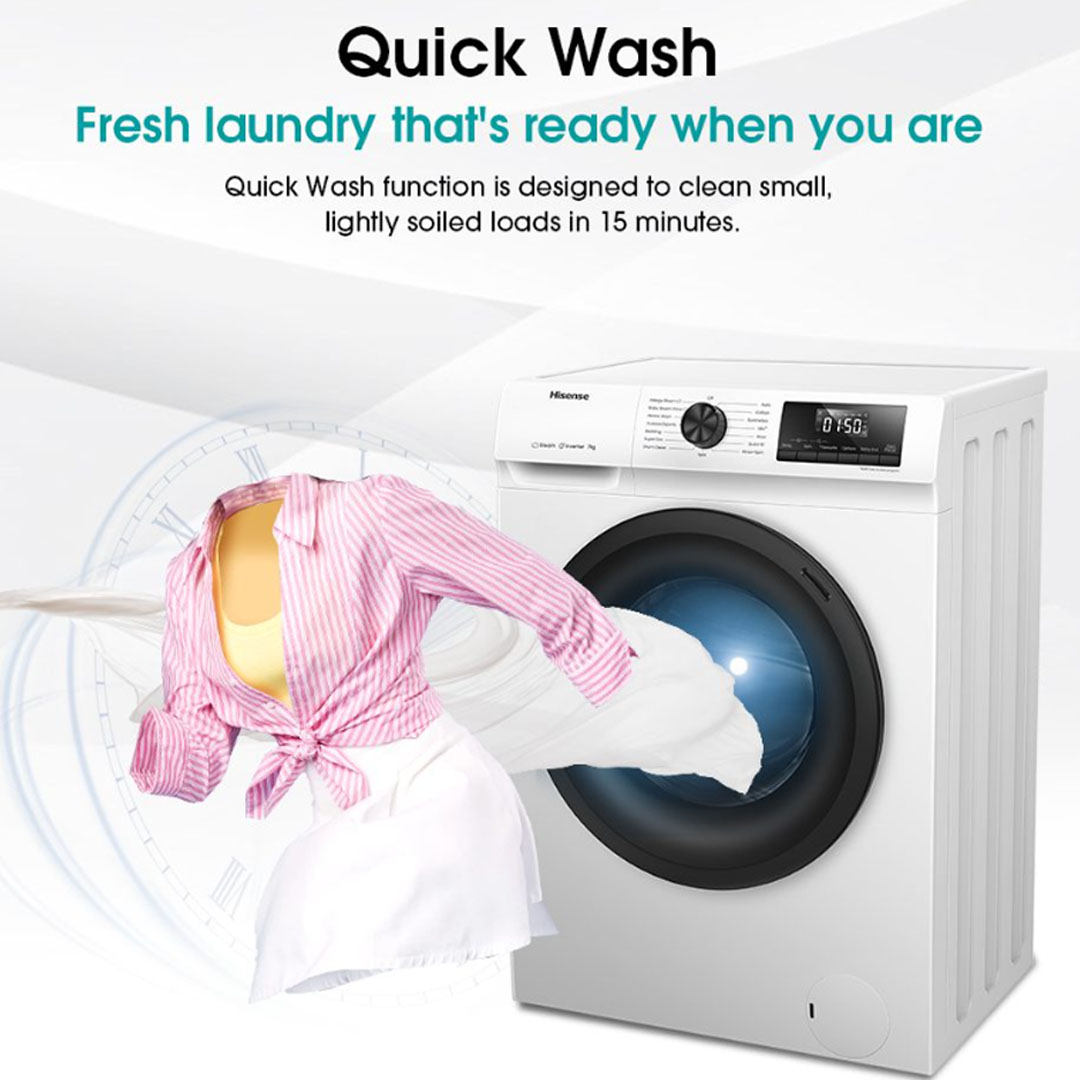 HISENSE 7KG Front Load Inverter Washing Machine WF1P7071BW | Durable Inverter | Allergy Steam | 5-Star Energy Consumption | Drum Clean | Washing Machine with 2 Years Warranty