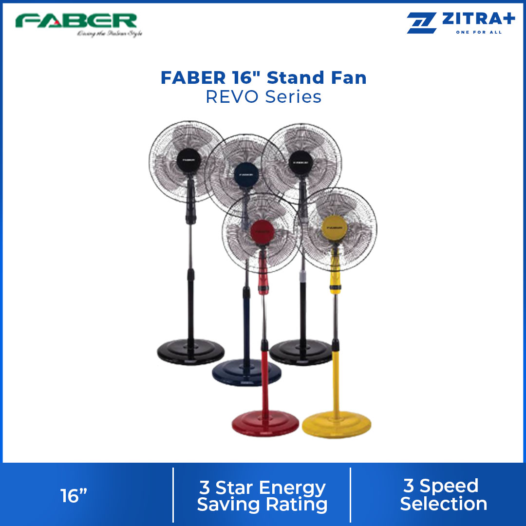 FABER 16" Stand Fan FSF REVO 8416BK / FSF REVO 8216RD / FSF REVO 8116GR | 3 Star Energy Rating | 3 Speed | 100% Copper Motor | 1265rpm Fan Speed | Stand Fan with 1 Year General Warranty & 2 Years Motor Warranty