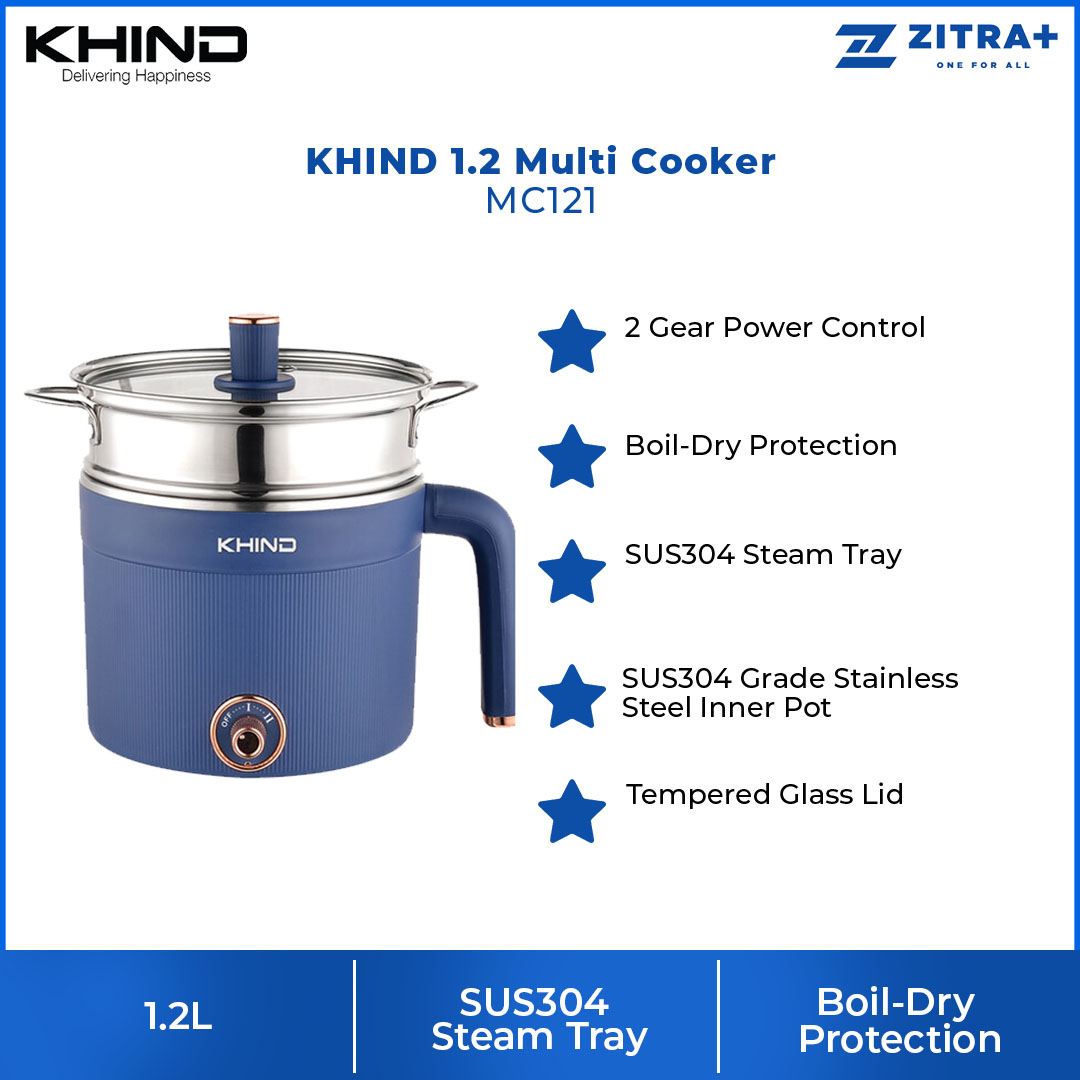 KHIND 1.2 Multi Cooker MC121 | SUS304 Steam Tray | Boil-Dry Protection | 2 Gear Power Control | Multi Cooker with 1 Year Warranty