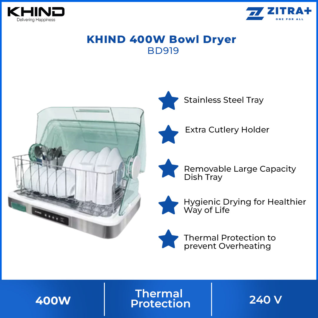 KHIND 400W Dish Dryer BD919 | Hygienic Drying | Stainless Steel Tray | Extra Cutlery Holder | Dish Dryer with 1 Year Warranty