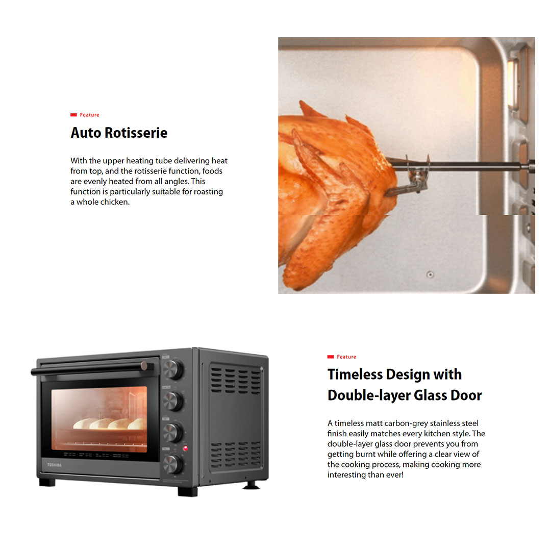 TOSHIBA 40L Toaster Oven TL-MC40EZF(GR) | Independent Temperature Control Knobs | Parallel Heating Elements Work with Convection Fan | Auto Rotisserie | Timeless Design with Double-layer Glass Door | Toaster Oven with 1 Year Warranty