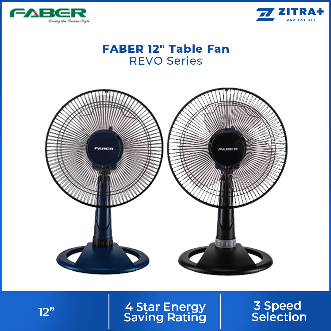 FABER 12" Table Fan FTF REVO 9112GR / FTF REVO 9012BU | 3 Speed | 100% Copper Motor | 4 Star Energy Rating | 51.5dB Noise Level | Table Fan with 1 Year General Warranty & 2 Years Motor Warranty