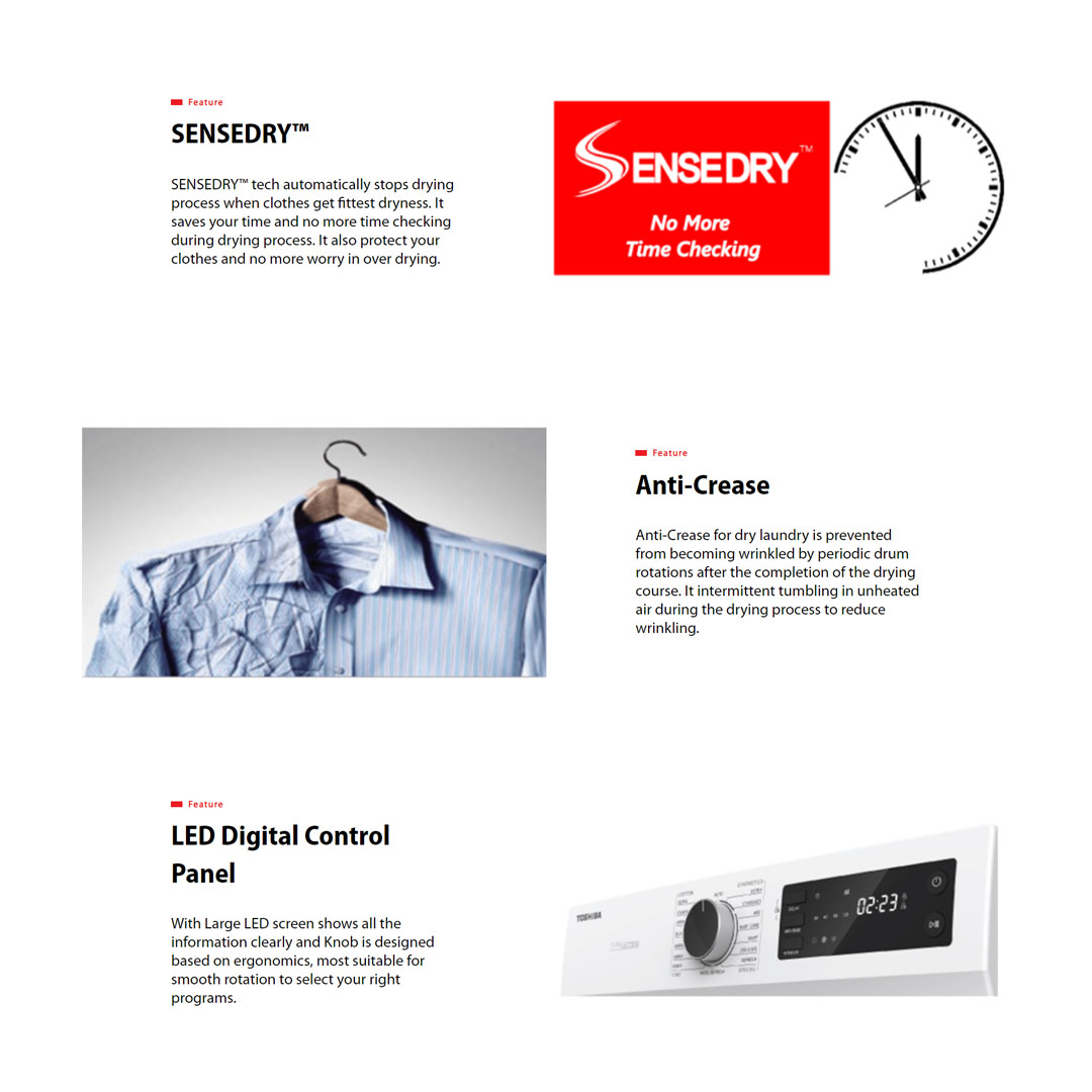 TOSHIBA 7KG Vented SENSEDRY Tumble Dryer TD-H80SEM | Anti-Crease | LED Digital Control Panel | Dryer with 2 Year Warranty