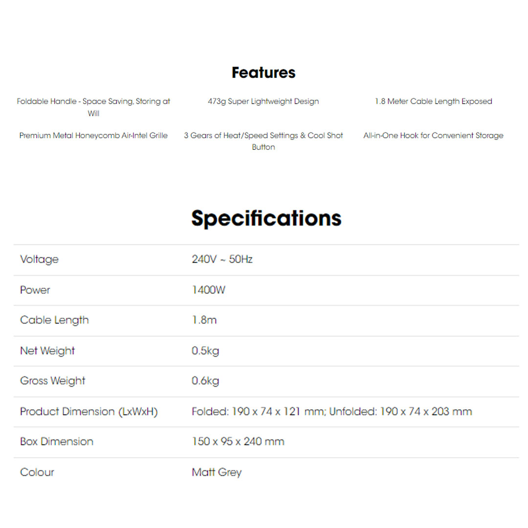 KHIND 1400W Hair Dryer HD1400 | Super Lightweight Design | 3 Gears of Heat/Speed Settings & Cool Shot Button | 1.8 Meter Cable Length Exposed | Hair Dryer with 1 Year Warranty