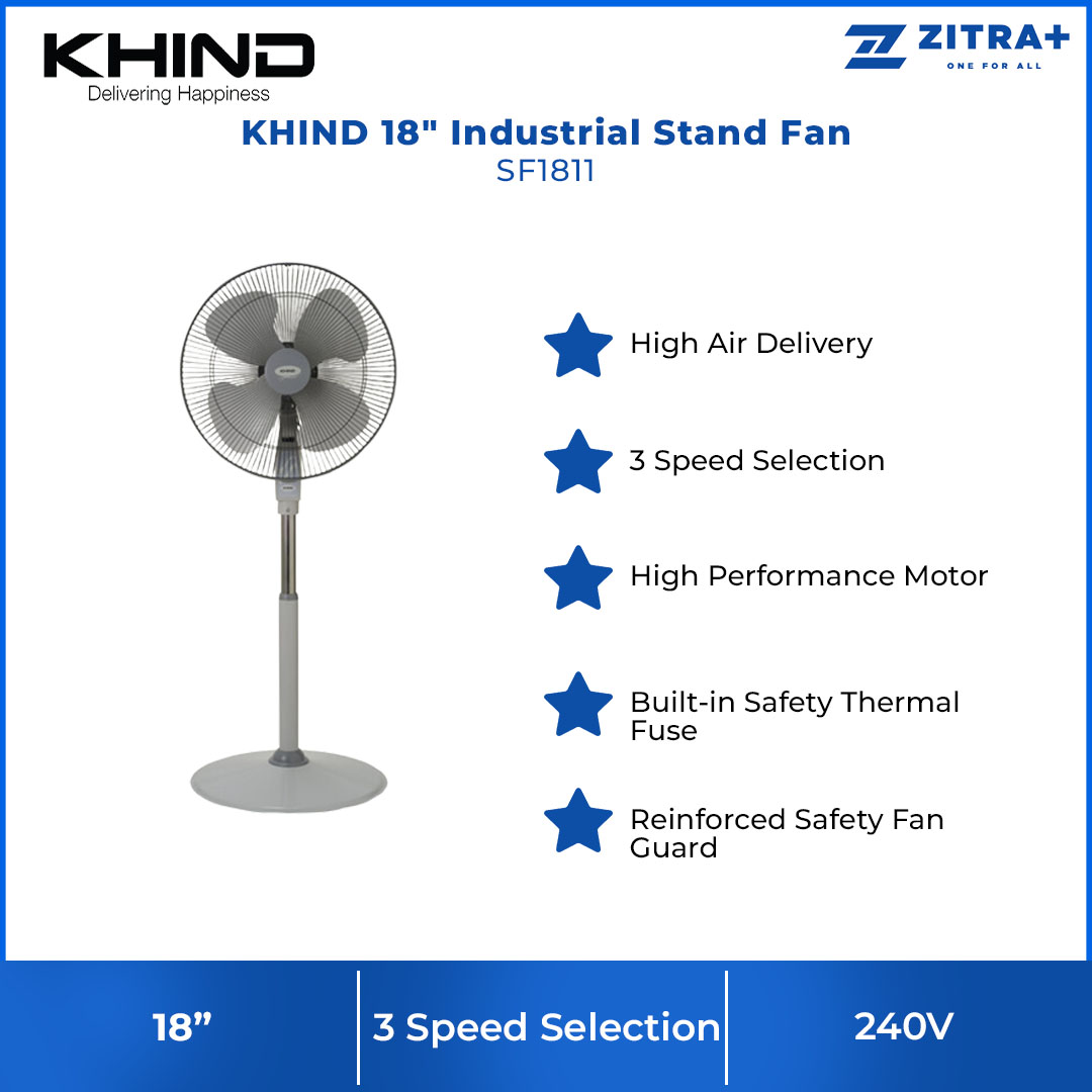 KHIND 18" Industrial Stand Fan SF1811 | Built-in Safety Thermal Fuse | 3 Speed Selection | High Air Delivery | Stand Fan with 1 Year General Warranty & 3 Years Motor Warranty