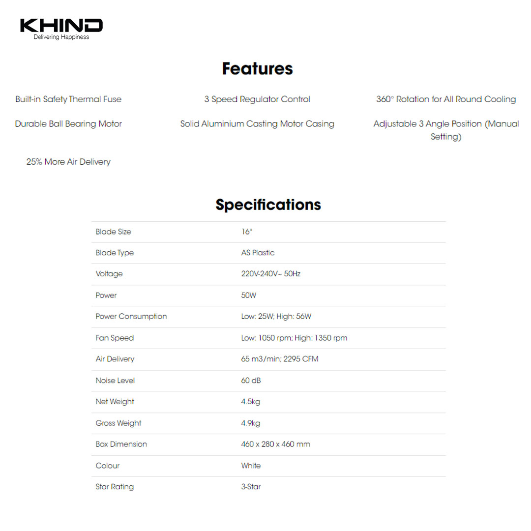 KHIND 16" Auto Fan AF1601 | 3 Speed Regulator Control | Durable Ball Bearing Motor | Built-in Safety Thermal Fuse | Fan with 1 Year General Warranty & 3 Years Motor Warranty