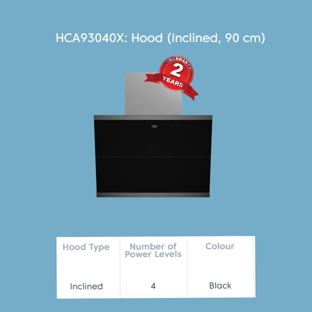 Beko 1160m³/h Inclined Designer Hood HCA93040X | 4 Power Levels | Intensive Ventilation | Led Illumination | Dishwasher-Safe Filters | Hood with 2 Years General Warranty & 12 Years Motor Warranty
