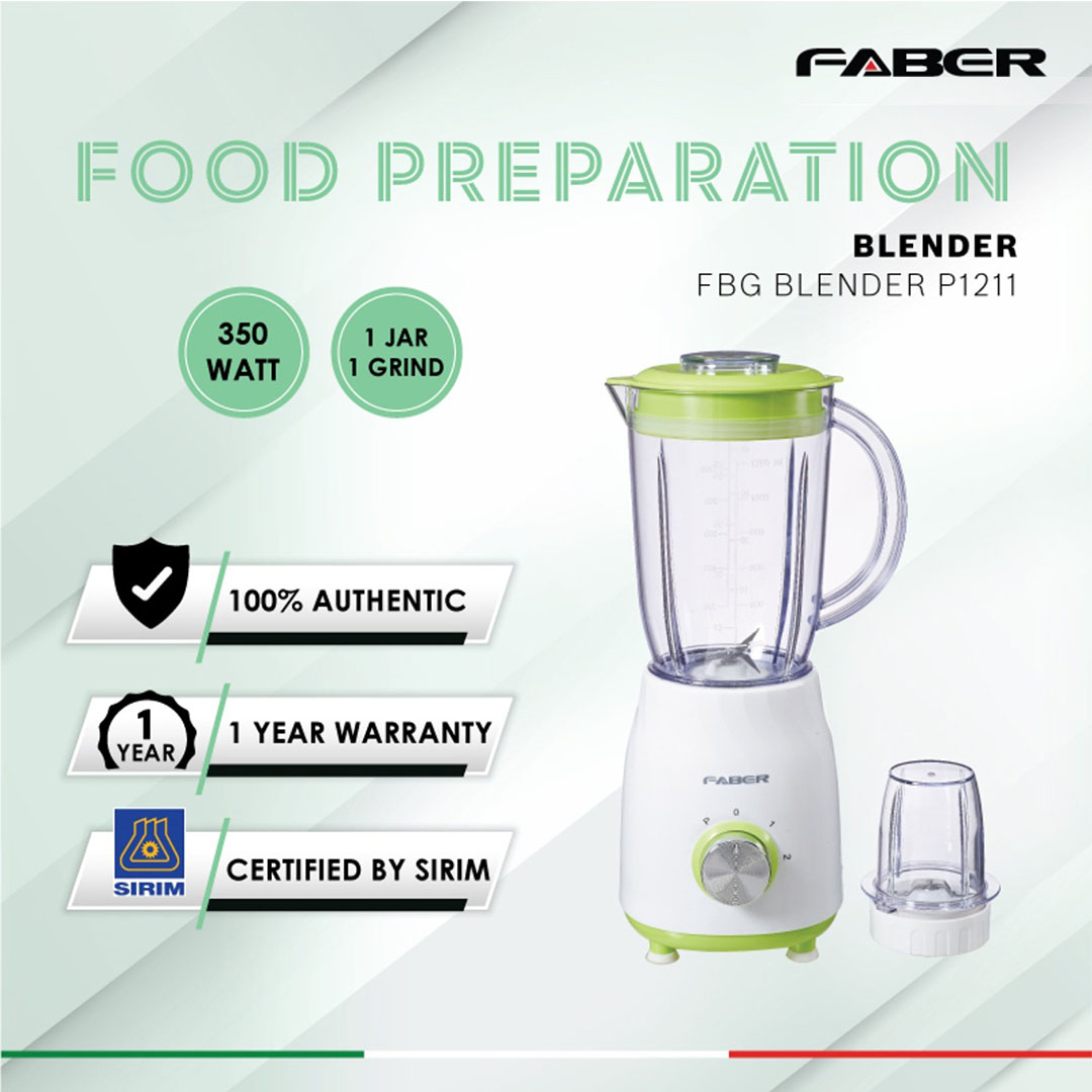 FABER 1.2L Blender FBG BLENDY P1211 | 2 Speed Control With Pulse | 1.2L Plastic Jar & 0.2L Grinder | Quality SUS Blade | Blender with 1 Year Warranty