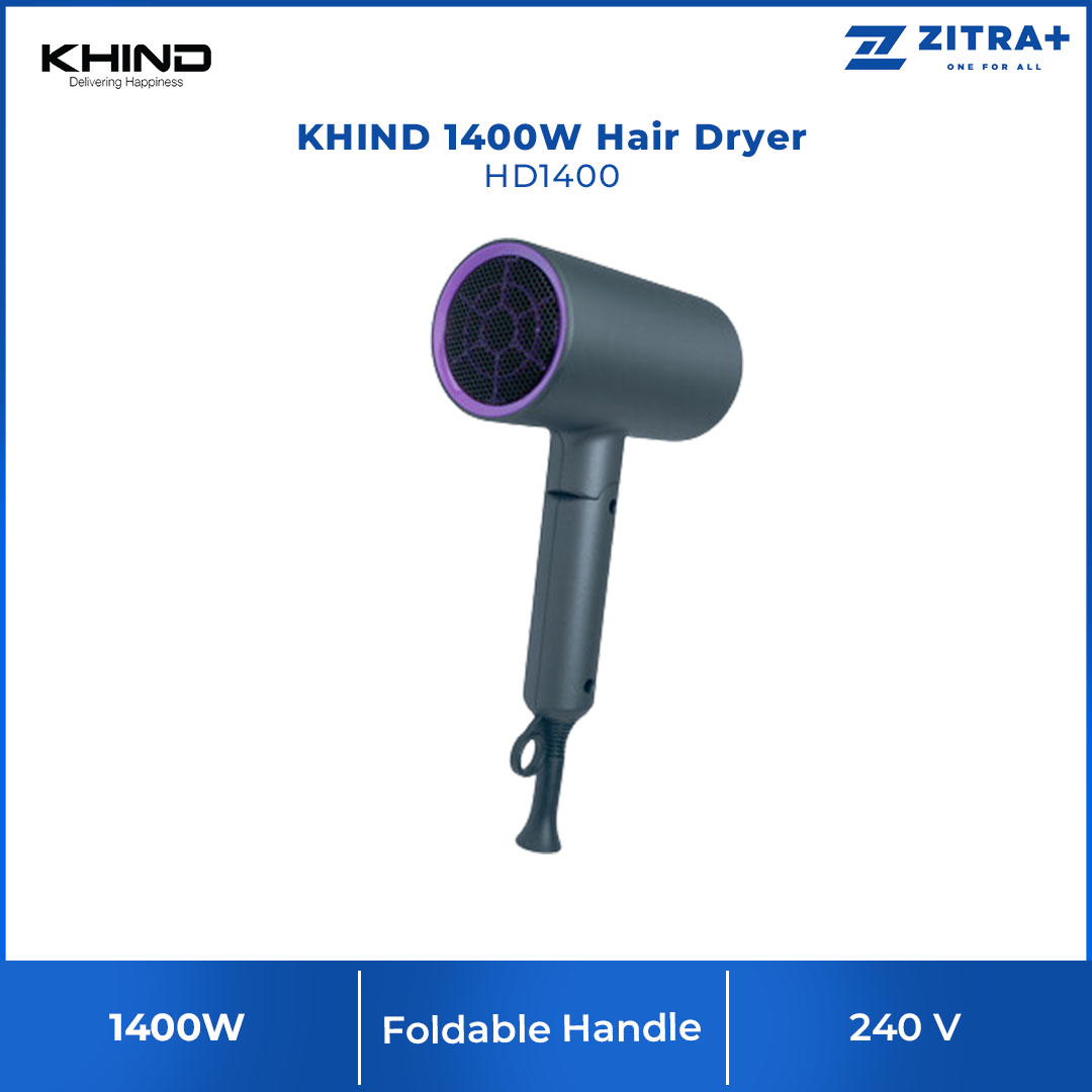 KHIND 1400W Hair Dryer HD1400 | Super Lightweight Design | 3 Gears of Heat/Speed Settings & Cool Shot Button | 1.8 Meter Cable Length Exposed | Hair Dryer with 1 Year Warranty